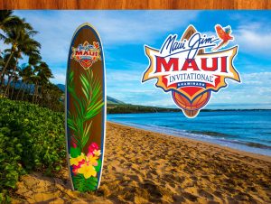 Hand Painted Surfboard on Beach Featuring the Maui Invitational Logo