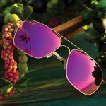 Pink lens sunglasses on floral background