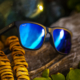 Pehu sunglasses with Matte Navy frame and Blue Hawaii Lenses, resting on a log